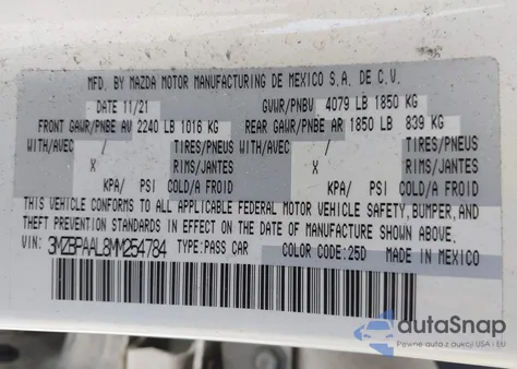 2021 Mazda Mazda3 2.5 S z USA, uszkodzony, nr VIN 3MZBPAAL8MM254784